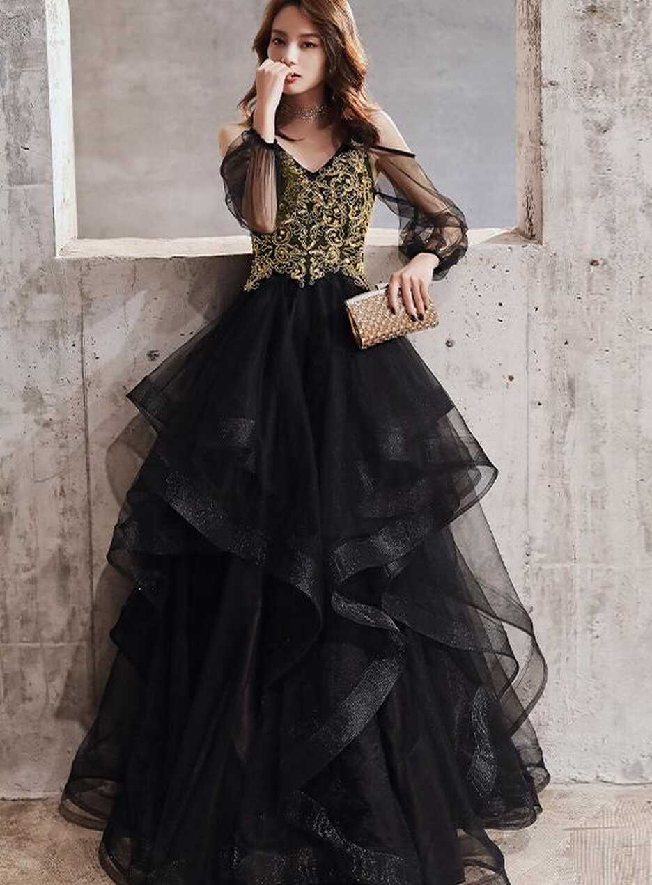 Black Tulle Long Sleeves Layers Party Dress With Gold Lace, Black ...