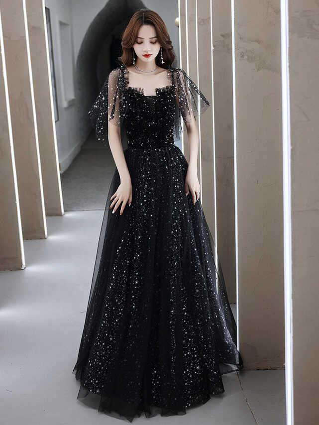 Black Tulle Off Shoulder Tulle Long Prom Dress Black Evening Dress ...