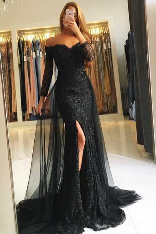 Black Tulle Off-the-Shoulder Long Sleeves Prom Dress Lace Sequins