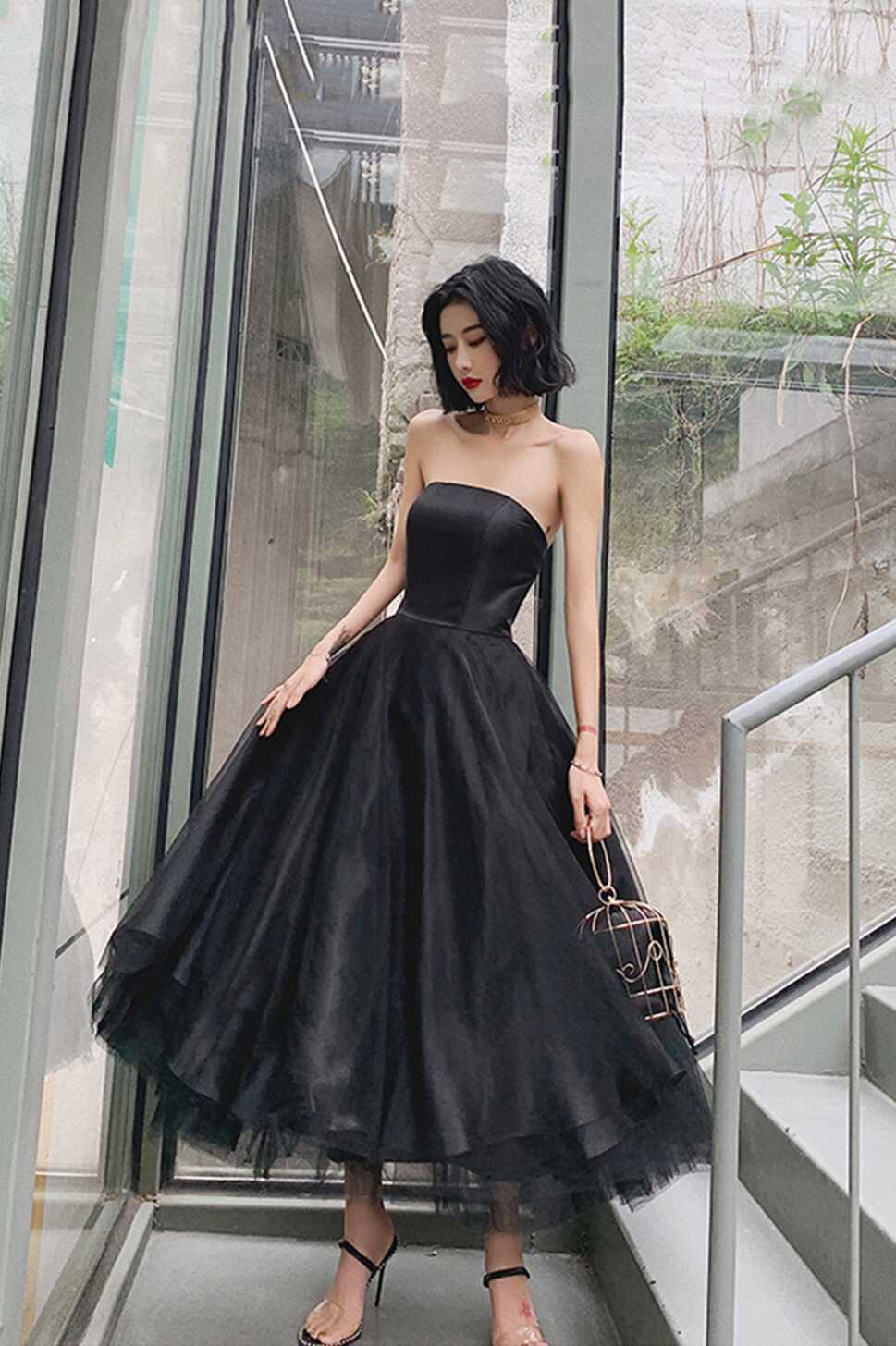 Black Tulle Short Prom Dress, Black Strapless Party Homecoming Dress