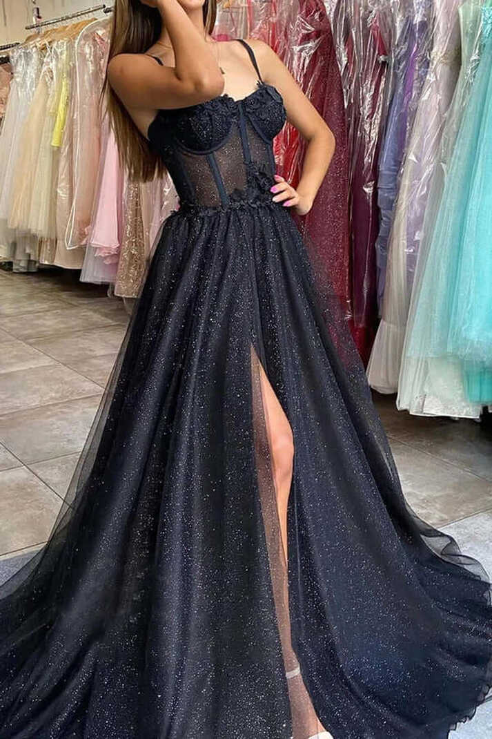 Black Tulle Sweetheart Spaghetti Straps Prom Dress MP699 | Musebridals