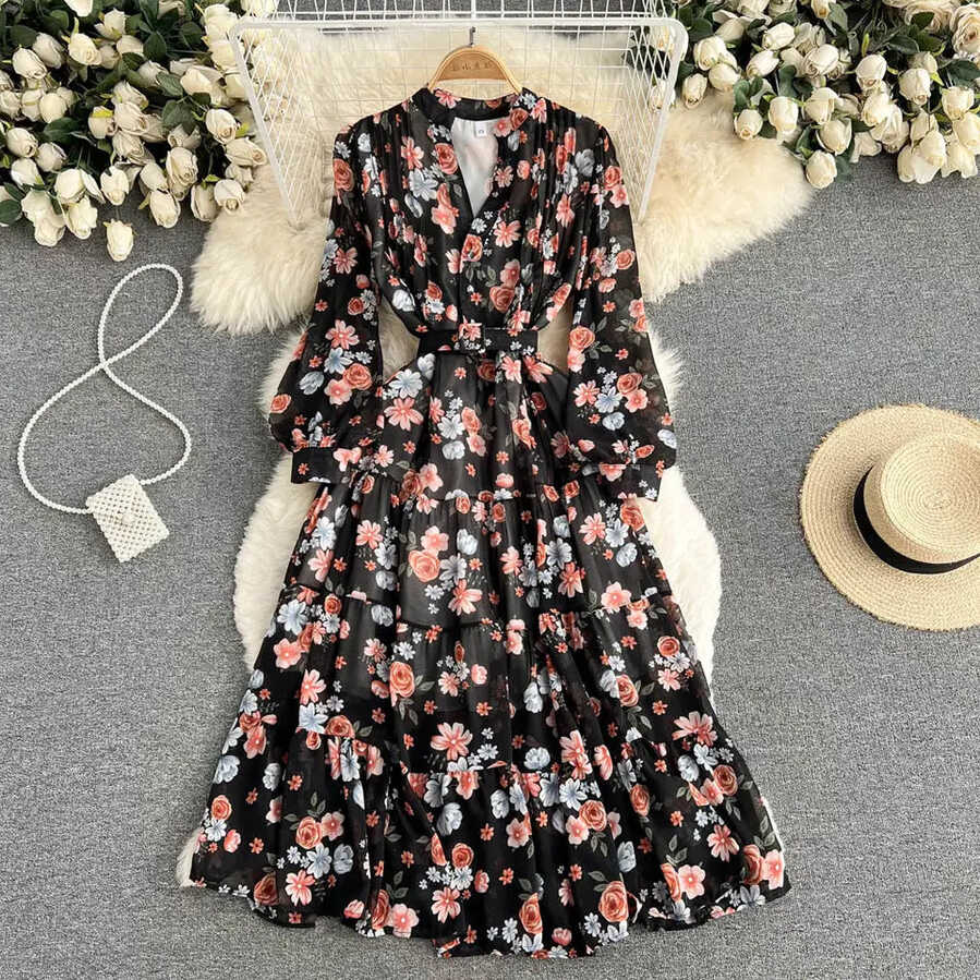 Black V-Neck Chiffon Floral Long Sleeve Dress for Women | Elegance ...