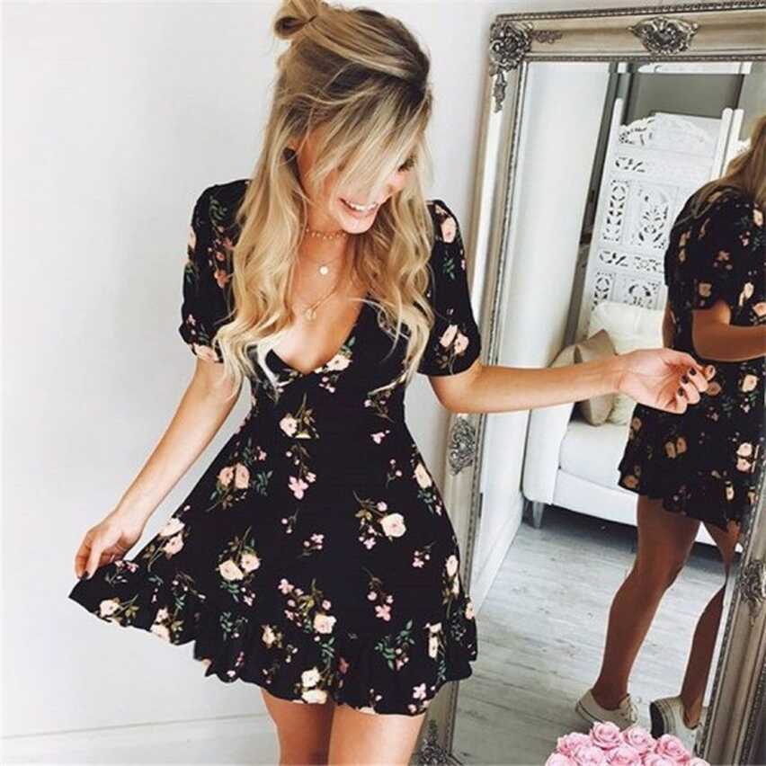 Black V Neck Floral Mini Dress