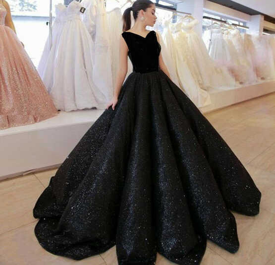 Black V Neck Sequined Ball Gown Prom Dress, Big Formal Dresses ...