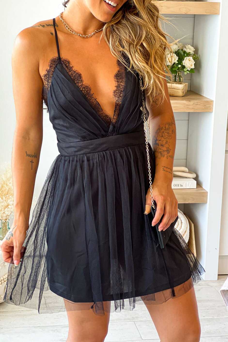 Black V-Neck Tulle Short Dress With Lace Detail | Short Dresses ...