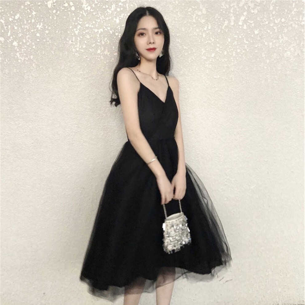 Black V Neck Tulle Short Summer Dress Black Prom Dress – shopluu