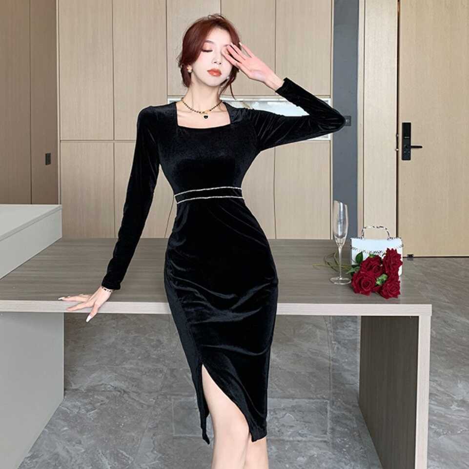 Black Velvet Bodycon Knee-length Full Sleeve Dress With Rhinestone ...