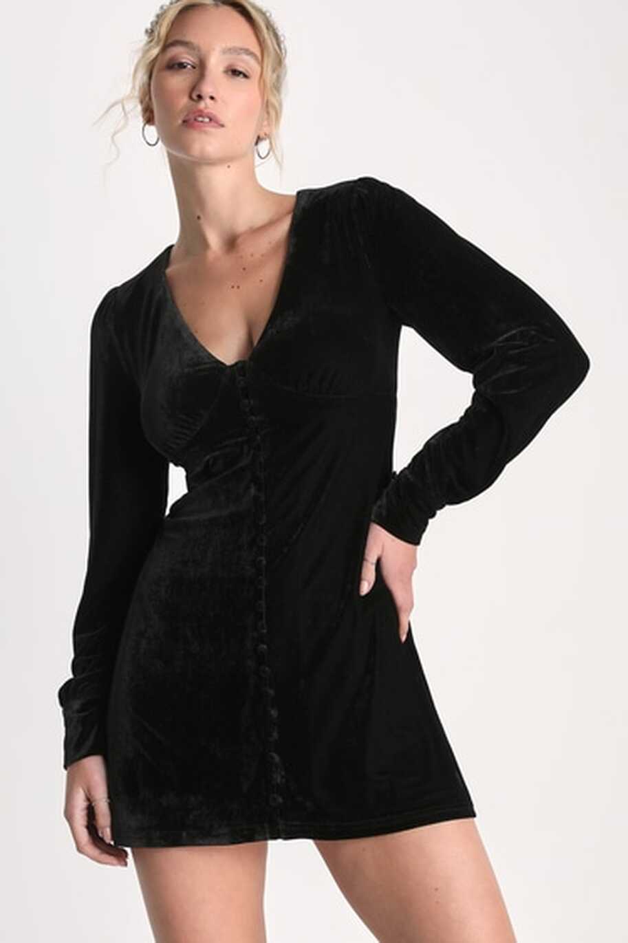 Black Velvet Dress - Long Sleeve Velvet Dress - Velvet Mini Dress ...