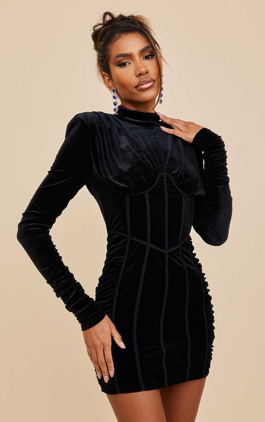 Black Velvet High Neck Long Sleeve Bodycon Dress ...