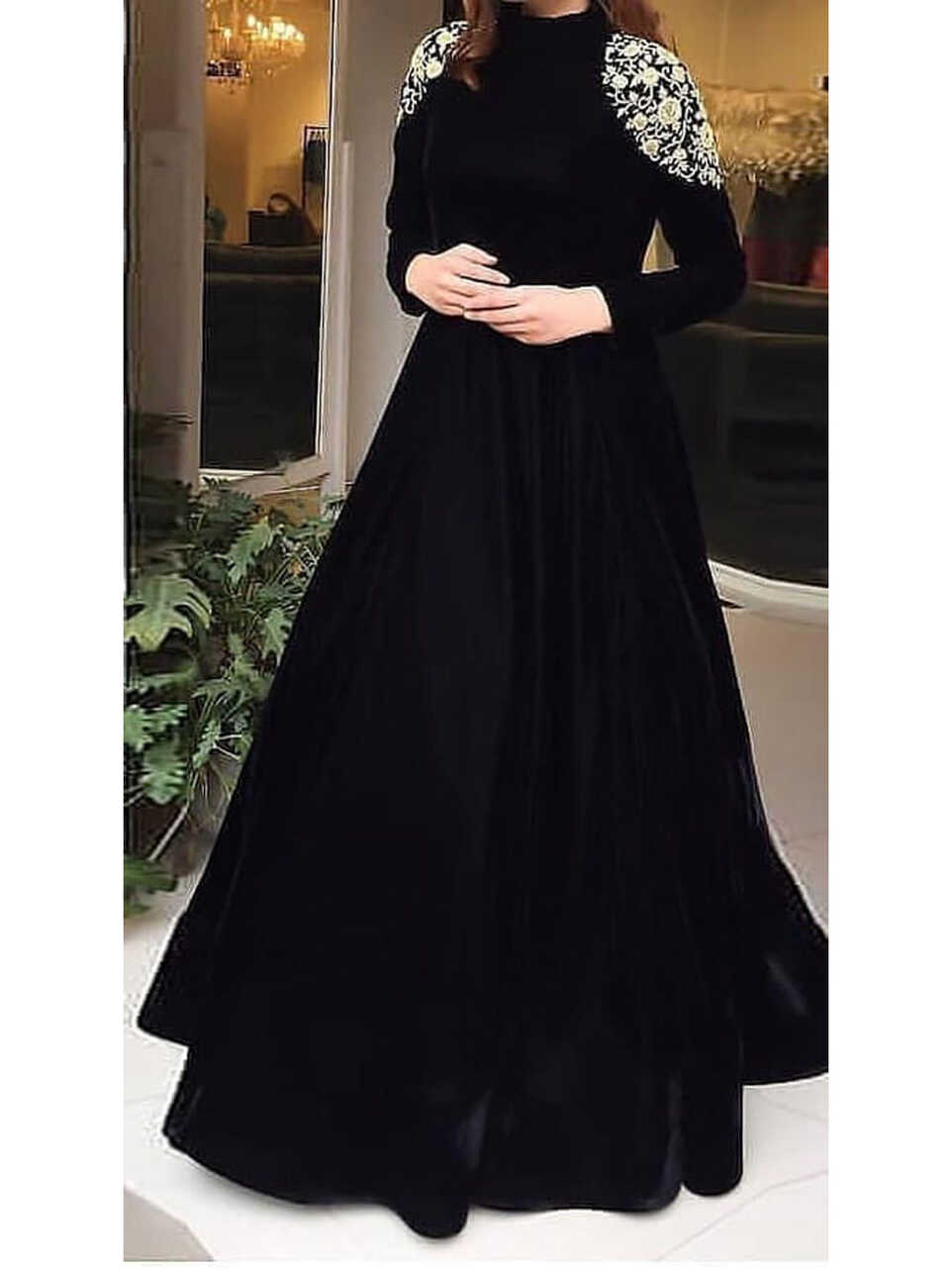 Black Velvet Long Floor Touch Indo Western Gown WJ102433