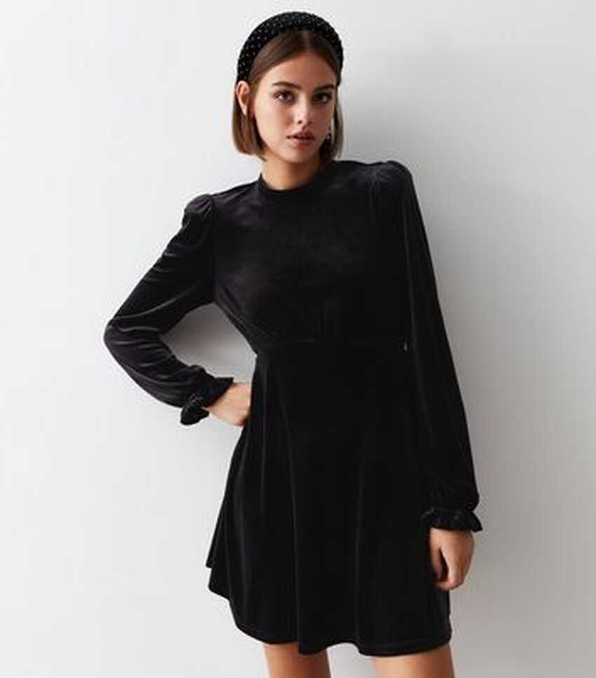 Black Velvet Long Sleeve Mini Dress | New Look