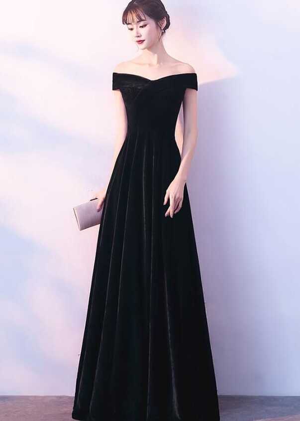 Black Velvet Off Shoulder Long Formal Dress 2019, Black Party ...