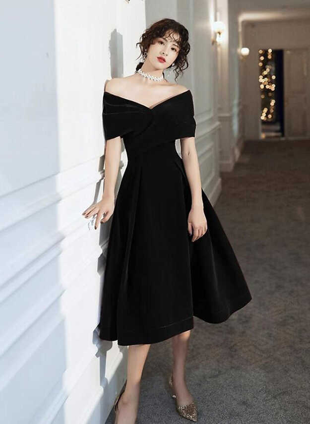 Black Velvet Tea Length Black Off Shoulder Party Dress, Black ...