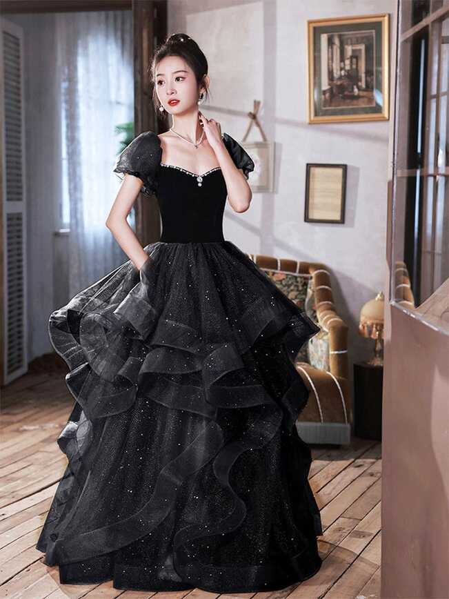 Black Velvet and Tulle Long Party Dress, Black A-Line Evening ...