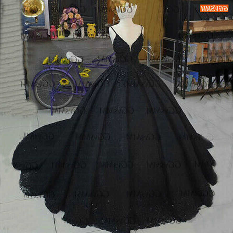 Black Wedding Dresses Spaghetti Strap Beading Bridal Ball Gown ...