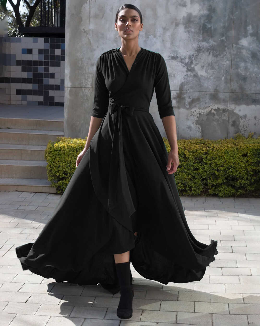 Black Wrap Evening Dress, Erre | Available on Equilibrio