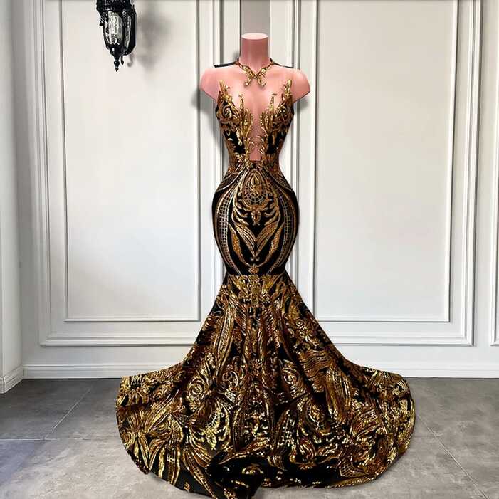 Black and Gold Sequin Black Girl Long Prom Dresses 2024 Sexy Sheer ...