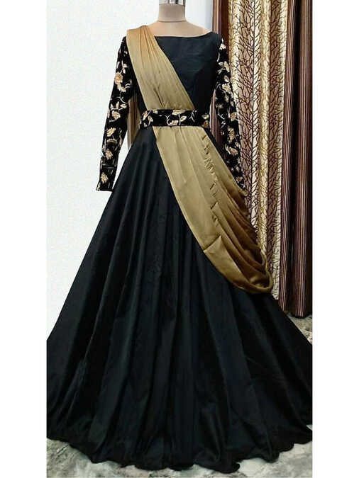 Black and Mehendi Green Long Sleeve Belt Style Gown WJ88527