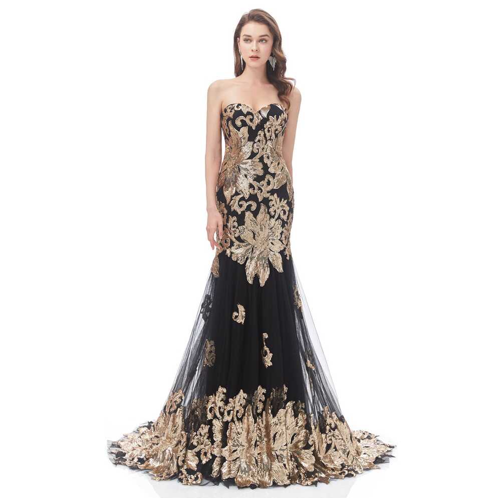 Black and gold Sequins Fitted Formal Evening Dress EN4604