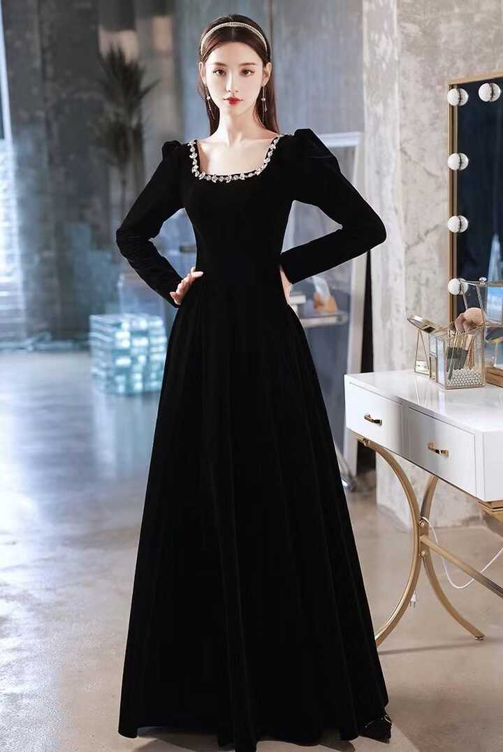 Black evening dress, class,, high sense velvet long sleeve evening ...