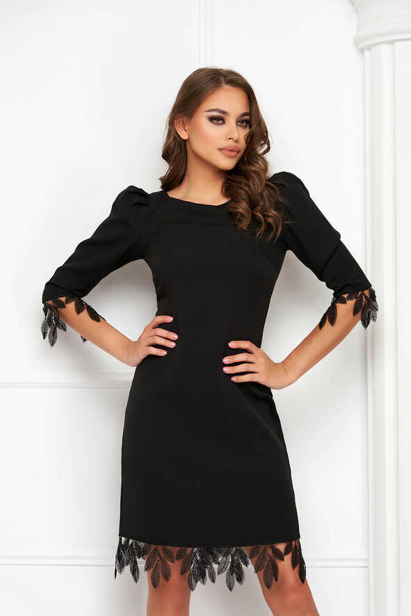 Black fabric knee-length dress with a straight cut and decorative ...