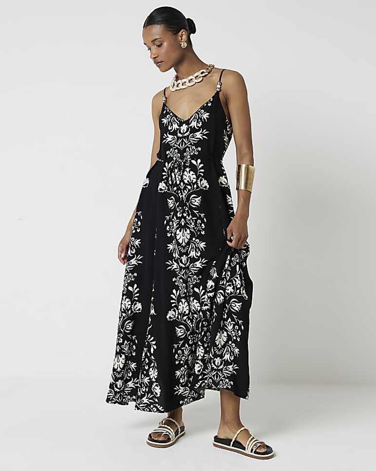 Black floral beaded swing maxi dress | River Island