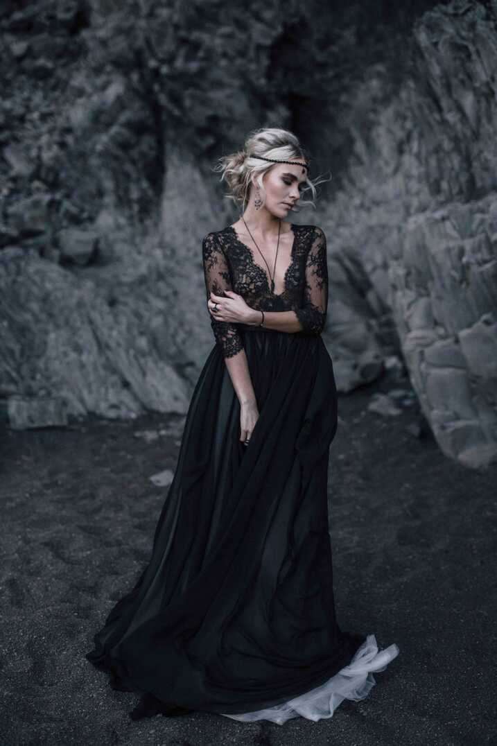 Black lace deep v-neck wedding dress with long sleeve scalloped ...