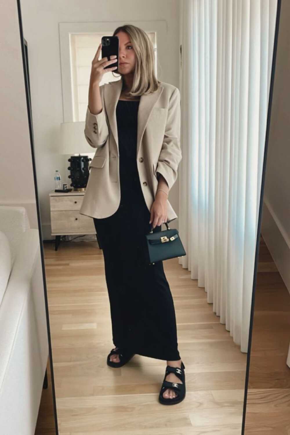 Black long dress with blazer and mini bag | Ashley Robertson