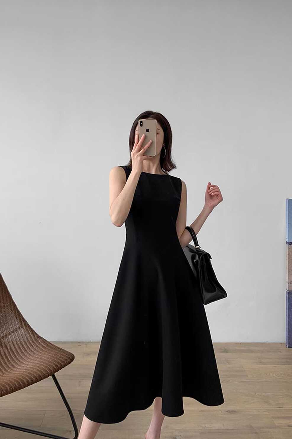 Black sleeveless mid-length dress with large train 190211# – XiaoLizi