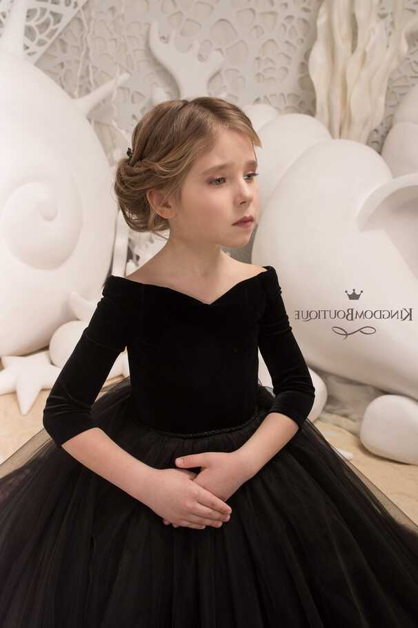 Black velvet lace tulle long sleeves formal flower girl dress for ...