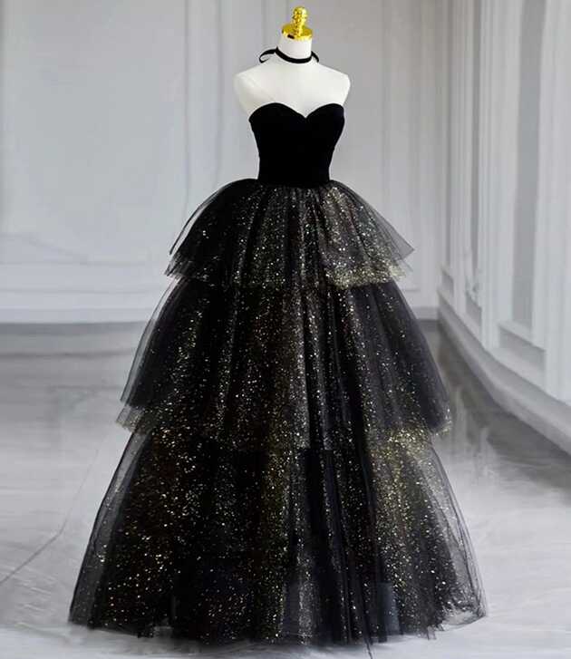 Black velvet tulle long ball gown dress black formal dress 10432 ...