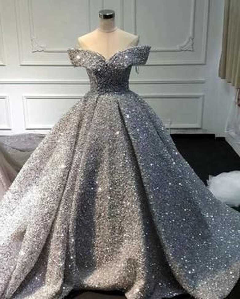 Bling Bling Silver Wedding Dress Sequin Ball Gown | Silver wedding ...