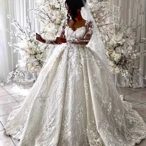 Bling Rhinestone Long Sleeve Women Lace Bridal Princess Ball Gown ...