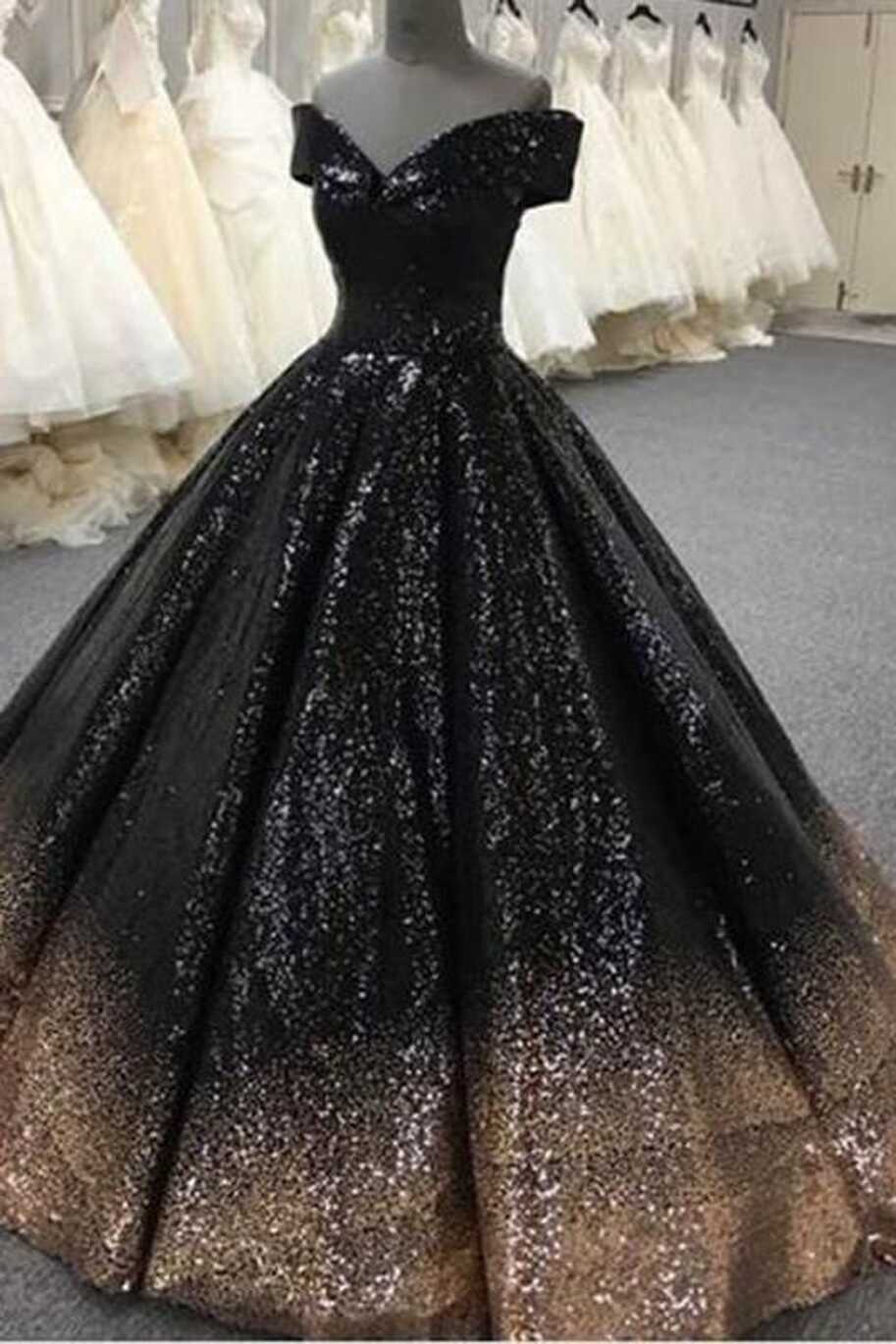 Bling Sequins Black Ball Prom Dresses Off Shoulder Formal Gown M3167