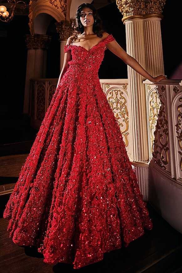 Blood Red Sequinned Off-Shoulder Gown Design by Seema Gujral at ...