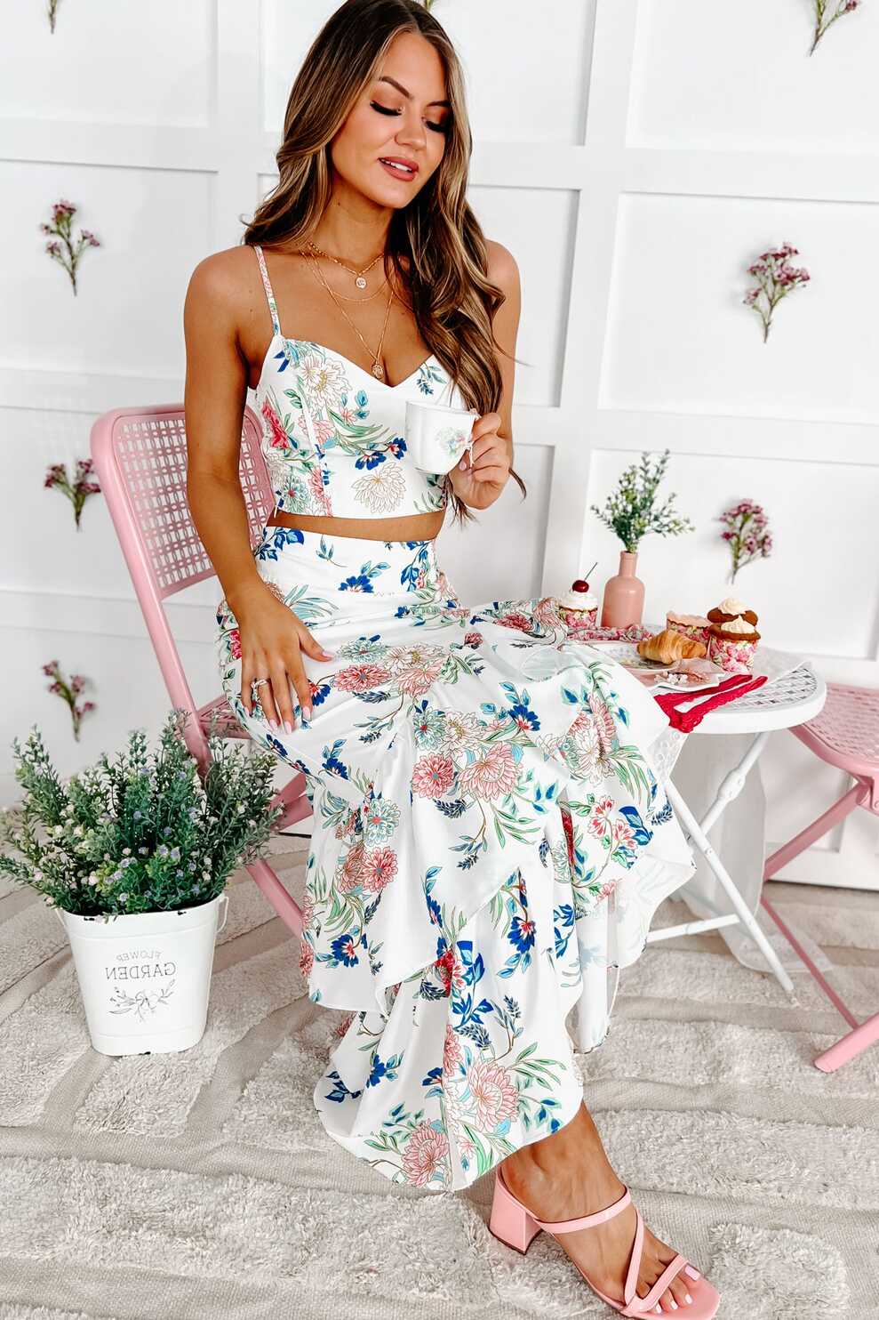 Bloomed &amp; Beautiful Floral Crop Top &amp; Skirt Set (Rose/White Multi ...