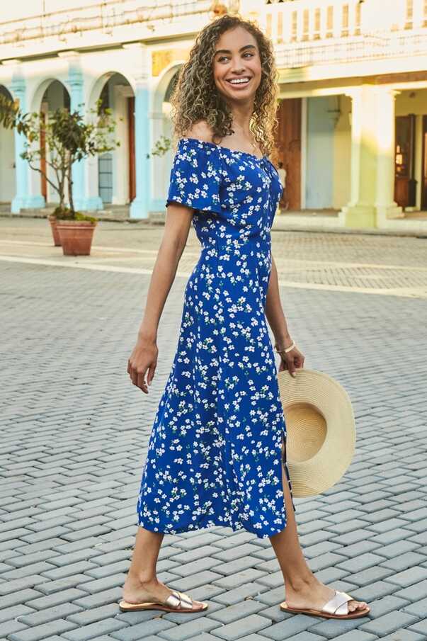 Blue &amp; White Floral Print Split Detail Bardot Dress