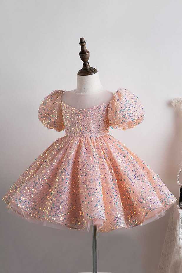 Blue A Line Puff Sleeves Sequins Girls Dresses - Pink / 10