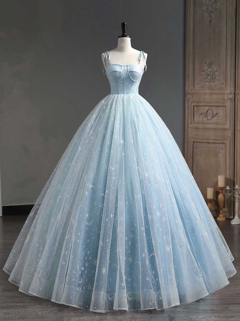 Blue A-Line Tulle Long Prom Dress, Blue Formal Sweet 16 Dress ...