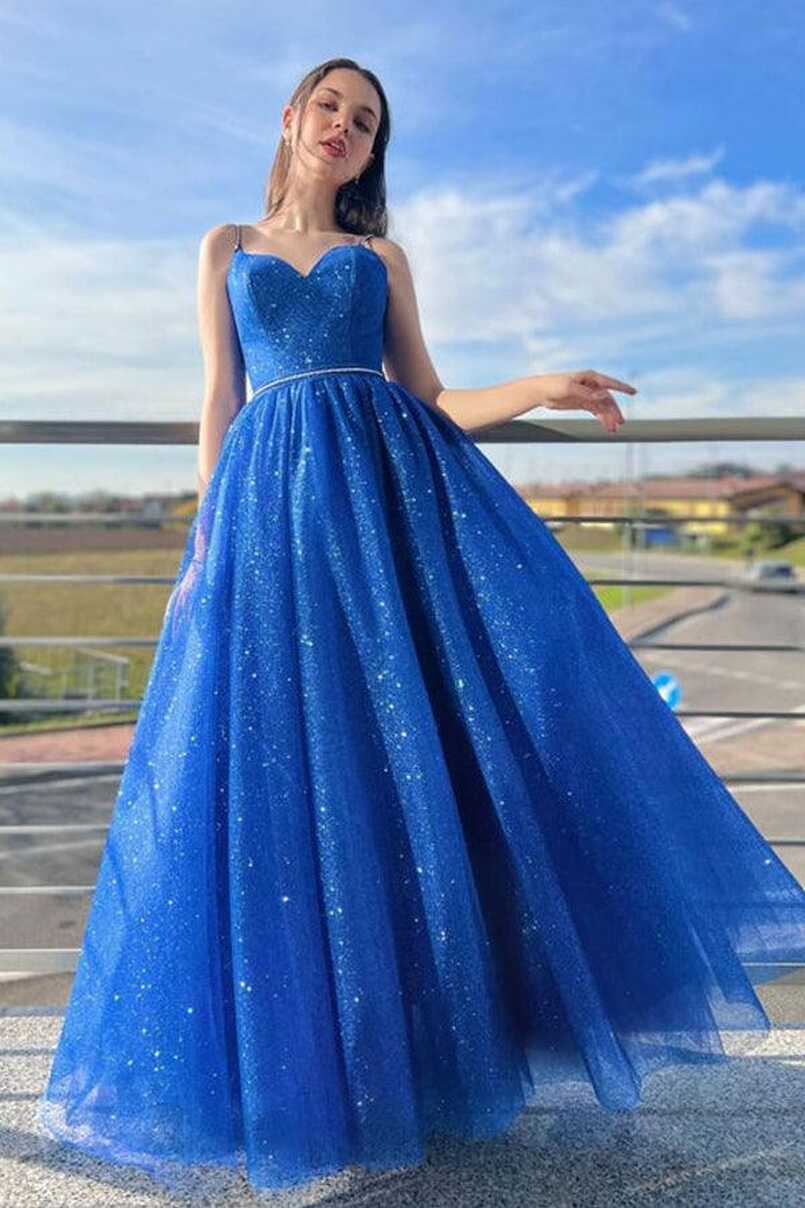 Blue A-Line Tulle Long Prom Dress Sparkly Formal Evening Dresses ...