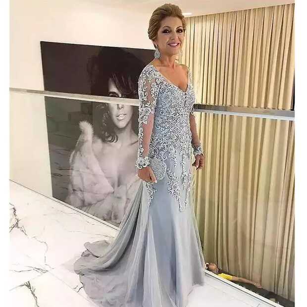 Blue And Silver Motherof The Bride Dresses With Long Sleeves And V ...