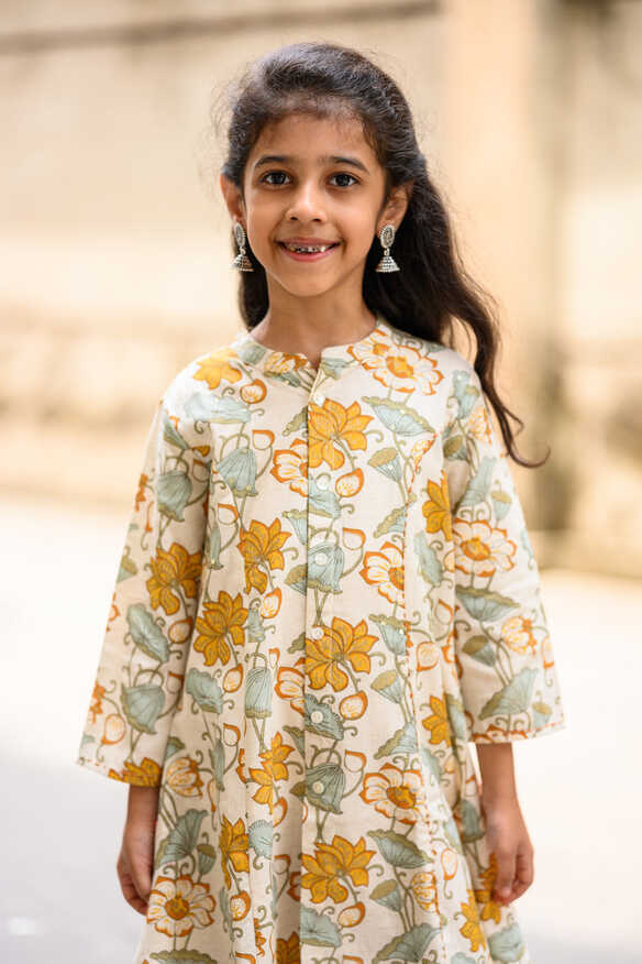 Blue And Yellow Floral Embellished Cotton Girl&#39;s Kurti