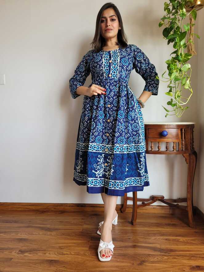 Blue Bagru Print Summer Cotton Dress| Summer Cotton Dress | Jhakhas