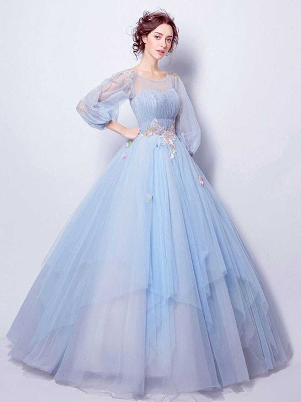 Blue Ball-gown Scoop Neck Floor-length Wedding Dress With Flowers