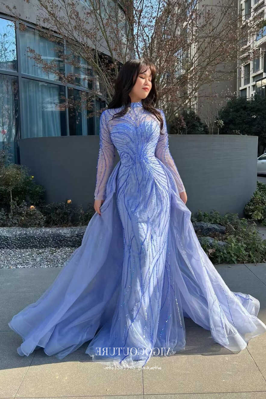 Blue Beaded Mermaid Prom Dress with Long Sleeve and Overskirt ...