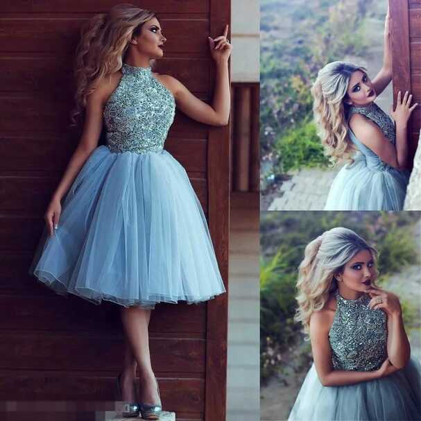 Blue Beaded Tulle Short Blue Prom Dresses Sleeveless A Line With ...