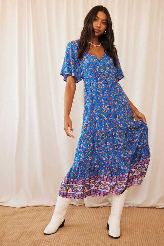 Blue Boho Maxi Dress Short Sleeve V-Neck | Ally Fashion