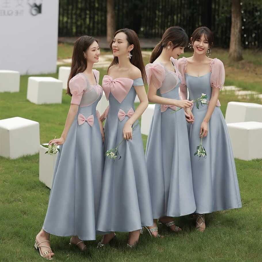 Blue Bridesmaid Dress Luxury Satin Square Neck Puff Sleeves Off ...