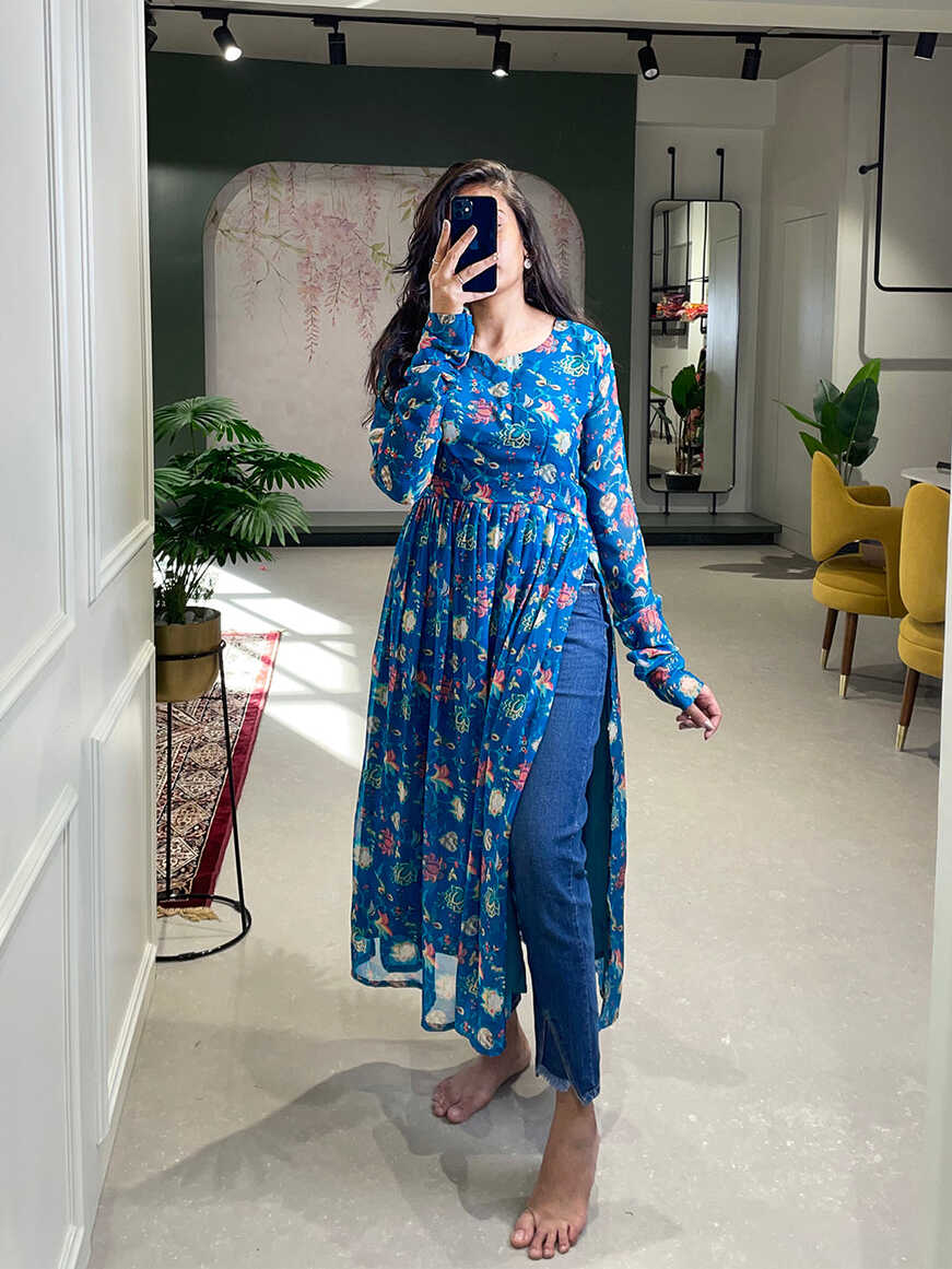 Blue Color Floral Printed Georgette Naira Cut Kurti – Yana Fab