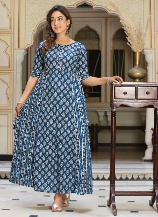 Blue Cotton Designer Gown with Print Work for Women Buy Online -